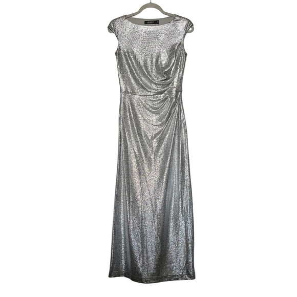 Lauren Ralph Lauren Silver Metallic Boat Neck Formal Evening Gown Size 2 ALTERED - Picture 1 of 9